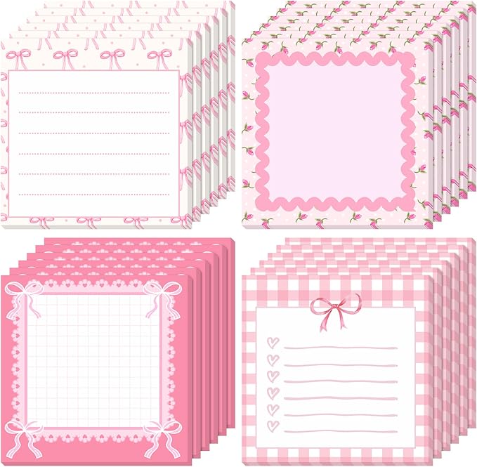 Thenshop 24 Pad/720 Sheets Coquette Bow Sticky Notes 3 x 3 Inch Cute Bow Sticky Note Pads Coquette Stuff Ribbon Notebook Memo Pads School Supplies for Women Party Favors(Pink)