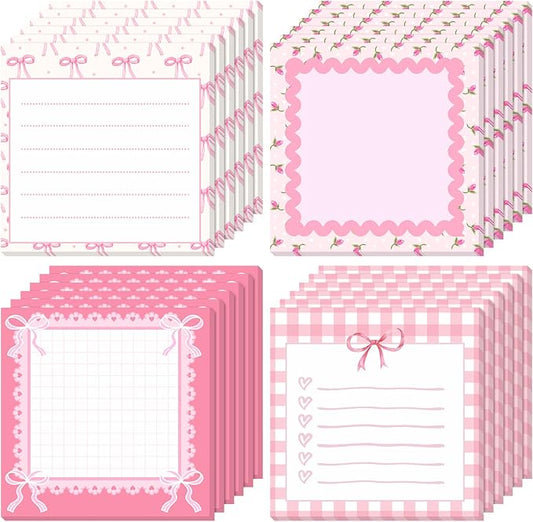 Thenshop 24 Pad/720 Sheets Coquette Bow Sticky Notes 3 x 3 Inch Cute Bow Sticky Note Pads Coquette Stuff Ribbon Notebook Memo Pads School Supplies for Women Party Favors(Pink)