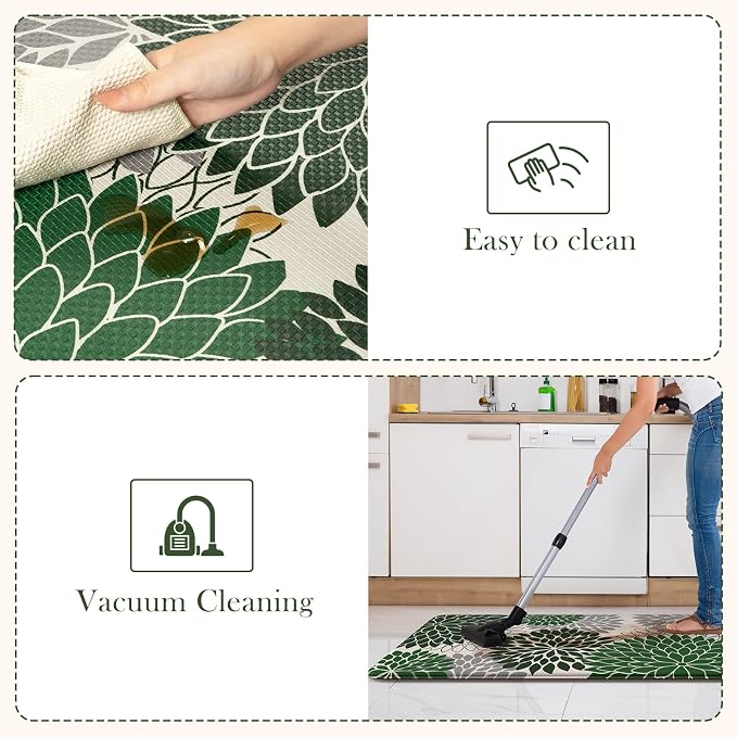 KIMODE Kitchen Mat Anti Fatigue Cushioned Kitchen Rugs Sets of 2 Decor | Dahlia Floral Boho,Non Slip Rubber Backing,Green,Waterproof,Farmhouse Standing Mat Christmas Decor for Laundry Kitchen Sink