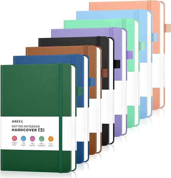 OMEYA Bullet Dotted Journal Notebook 8 Pack: 160 Pages Per Pack, A5 Medium Size(5.75" × 8.38"), 120 GSM Thick Paper, Leather Dotted Notebook, Hardcover Dot Grid Notebook, Dot Journal for Wrting, Gift
