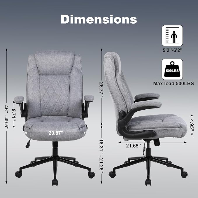 ralex-chair Big and Tall Office Chair -500 lb Office Chair for Big Man, Fabric High Back Office Desk Chair with 120° Tilt Rock,Computer Desk Chair with flip up arm - Light Gray