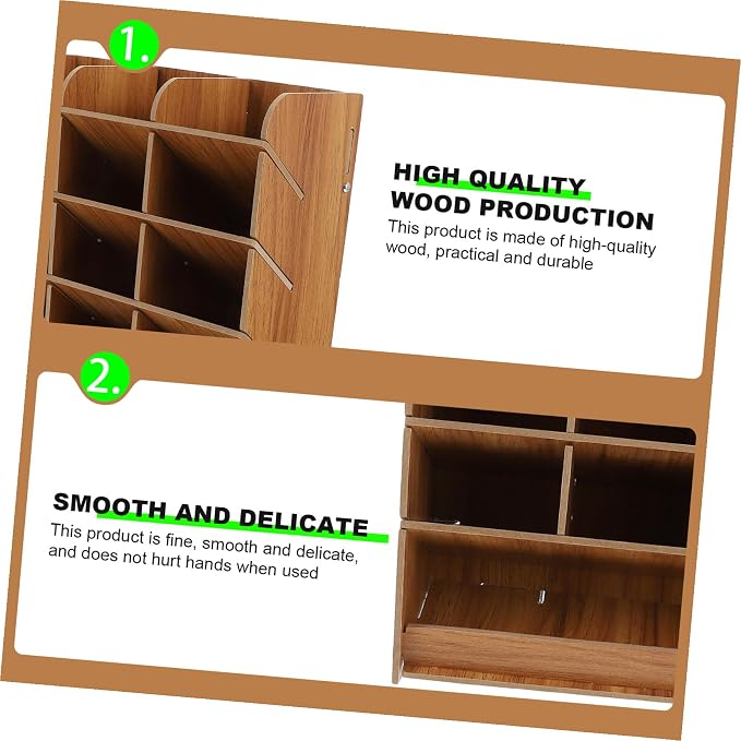 Ciieeo Multi-Grid Pen Box Wooden Pencil Case Pen Storage Box for Markers Pens Pencils Office Holder for Desk Stationery Storage Supply 10.03 X 8.26 X 3.62 in