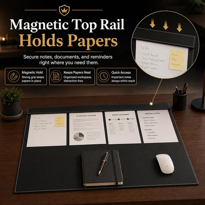 Fumete 31.5" x 17.7" PU Leather Desk Pad Mat, Large Waterproof Desk Blotter with Top Rail, Dual-use Writing Board & Mouse Pad for Office Home Desktop
