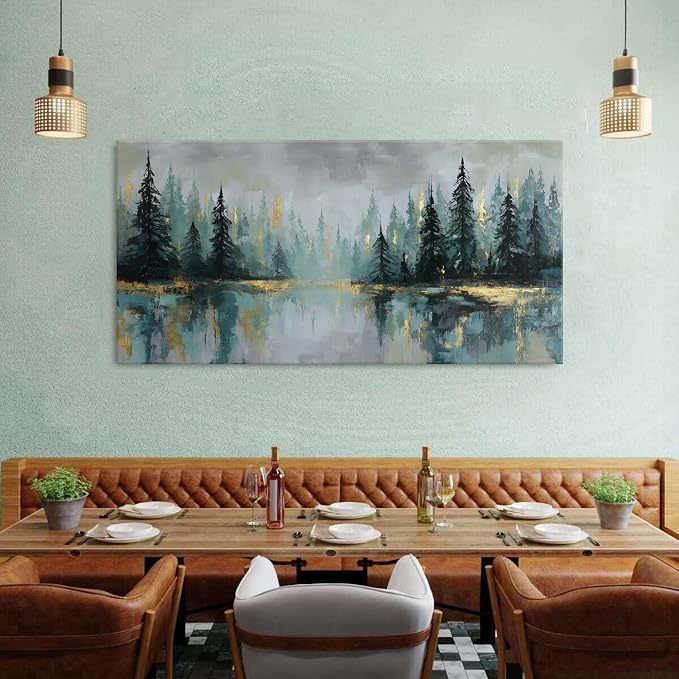 AIYISU Green Forest Wall Art Vintage Fog Pine Trees Landscape Wall Decor Nature Green and Gold Forest Lake Scenery Canvas Prints Pictures Farmhouse Artwork Kitchen Living Room Home Decorations 30x60