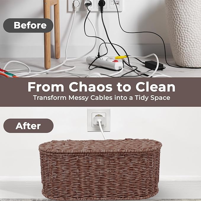 Cable Management Box, Handmade Rattan Cable Organizer, 2 Open Slots Cords Hider Box, Under Desk Cord Organizer for Computer Router USB Hub & Power Strip, 15.9" x 6.5" x 6.5", Brown