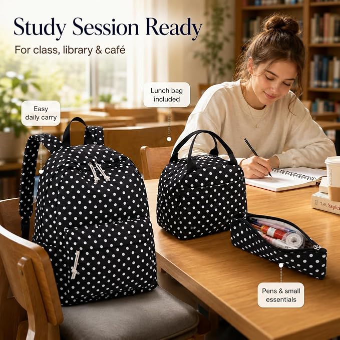 Bluboon Teen Girls School Backpack Kids Bookbag Set with Lunch Box Pencil Case Travel Laptop Backpack Casual Daypacks (Black Polka Dots)