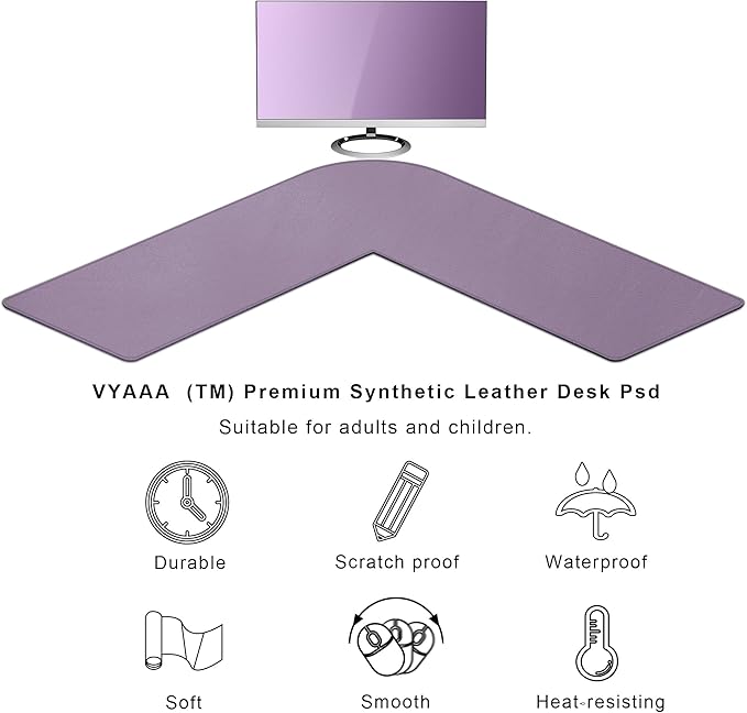 Vyaaa L-Shaped Leather Desk Pad, Two Tone Gaming Mouse Pad for Corner Desk Mat, Office and Home, 43 x 43 x 15.7 Inch(Purple)
