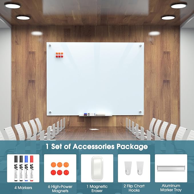 MaxGear 48" x 36" Glass Whiteboard Wall Mounted for Office Home Classroom | Magnetic Glass Dry Erase Board, Tempered Glass, Steel Backed, Non-Porous Surface, Frameless Design, Hardware Included