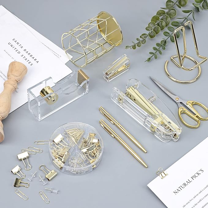 EOOUT Gold Office Supplies Set Desk Accessories, Acrylic Stapler Set Staple Remover, Phone Holder, Tape Holder, Pen Holder, 2 Ballpoint Pen, Scissor, Binder Clips, Ruler, Transparent Glue and Staples. | Clear Acrylic Desk Accessories, Organized Workspa...