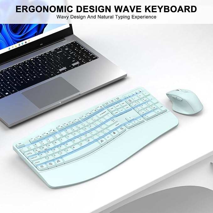 Wireless Keyboard and Mouse Combo, 2.4G Full Size Wave Keys Ergonomic Keyboard with Wrist Rest and 3-Level DPI Adjustable Wireless Ergonomic Mouse for Windows, Mac OS Desktop/Laptop/PC(Mint Green)