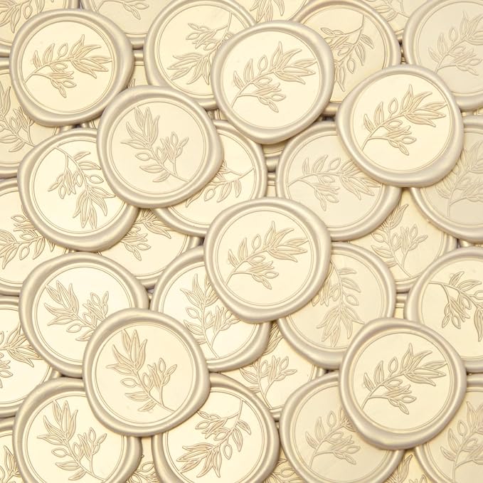 50Pcs Ivory White Self-Adhesive Wax Seal Stickers Wedding, Olive Branch Style Wax Seal Perfect for Wedding Invitation or Envelope Good Adhesion and Easy to Use