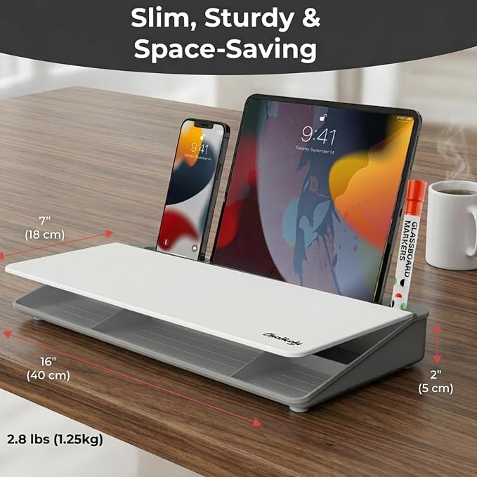Chalkola Grey Glass Desktop Whiteboard with Storage - Dry Erase Board, Work Desk Organizers, Computer Keyboard Stand, Home Office Desk Accessories, Workspace Desktop Buddy