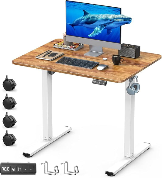 32" Small Rolling Electric Standing Desk Adjustable Height for Home Office | Mobile Sit Stand up Desk with Lockable Casters for Computer Workstation, Memory Preset, 2 Hooks, White Frame/LightBrown Top