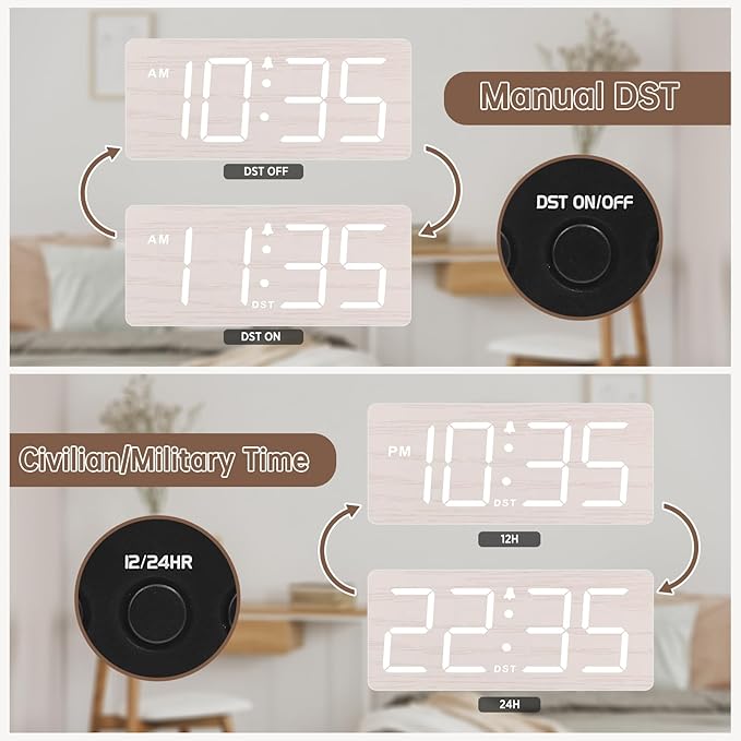DreamSky Wooden Digital Alarm Clock for Bedroom with Large Numbers | Desk Clock for Living Room Office, Loud Alarm for Heavy Sleepers Adults, Volume Control, Dimmer, DST, Wood Decor (Plug-in)