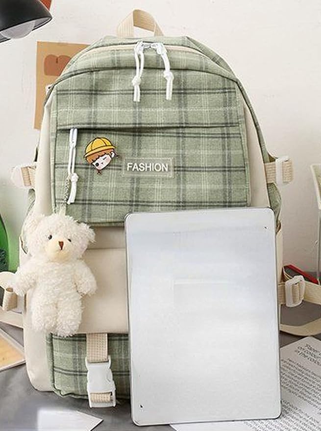 Aobiono 5Pcs Kawaii Plaid Backpack Set Aesthetic Preppy Cute Check with Pins Bear Pendant Light Academia School Supplies Kit