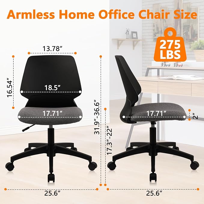 CLATINA Armless Home Office Chair, Desk Chair with Wheels, Adjustable Height Reading Chairs, Small Swivel Computer Chair, Comfy Upholstered Task Chair for Office Meeting, Black
