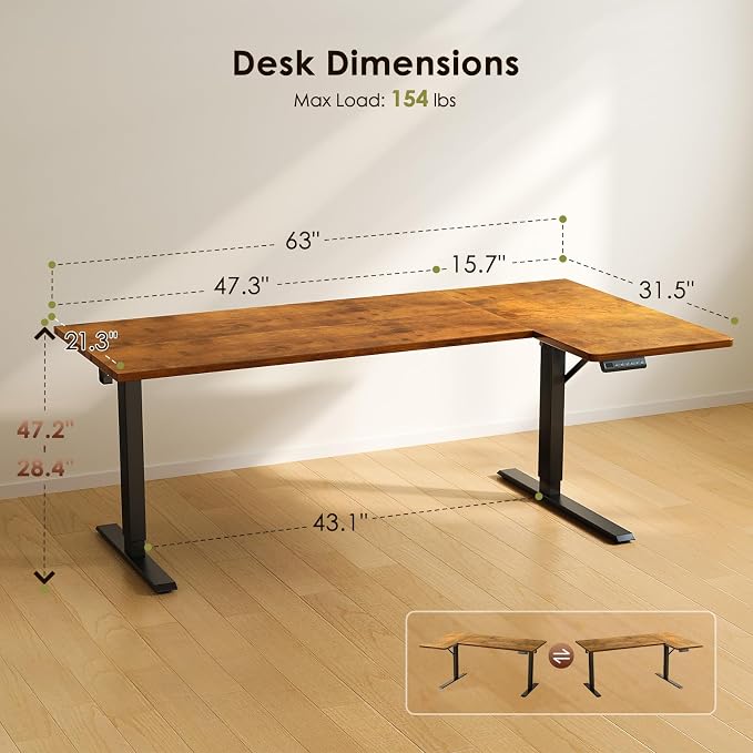 OffiGo Electric L Shaped Standing Desk, 63 Inches Height Adjustable Table, Reversible Corner Stand Up Desk, Lifting Computer Table for Home Office, Computer Workstation, Rustic Brown