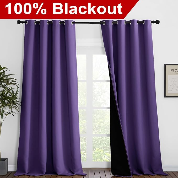 NICETOWN 100% Blackout Blinds, Set of 2, 52 inches x 102 inches, Laundry Room Decor Window Treatment Curtains for Large Patio Sliding Door, Thermal Insulated Lilac Purple Curtains for Bedroom