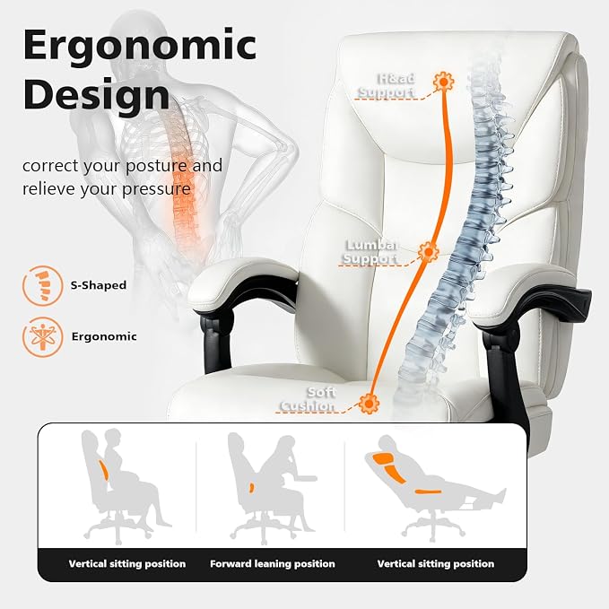 WAILOR 400lbs Office Chair with Foot Rest, Reclining Big and Tall Office Chair with Lumbar Support, High Back PU Leather Computer Chair,Comfy Desk Chair for Home Office (Casual) (White)