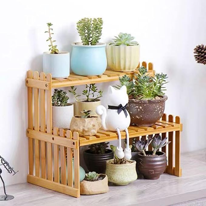 22.8" 2 Tiers Bamboo Plant Stand Shelf,Desk Flower Pot Holder,Adjustable Desktop Shelf Display Organizer Ladder Rack for Office Decorate Desk Shelving Storage Rack,Kitchen Rack (22.8" Length)
