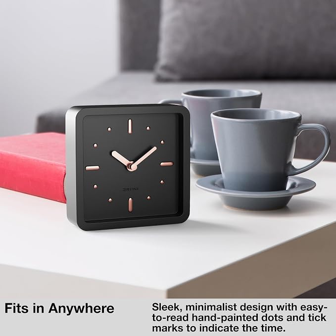 Driini Modern Mid Century Desk & Shelf Clock (Black Rose Gold) - Battery Operated with Silent, Analog Movement – Small Tabletop Clocks for Office – Perfect for Mantle, End Table, Desktop or Nightstand