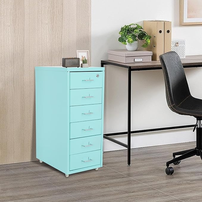 6 Drawer File Cabinet with Lock, Freestanding Filing Metal Drawers Organizer Vertical Metal Rolling Organizer Movable Under Desk Cabinet with Wheels for Home Office Living Room Study (6 Tiers Blue)