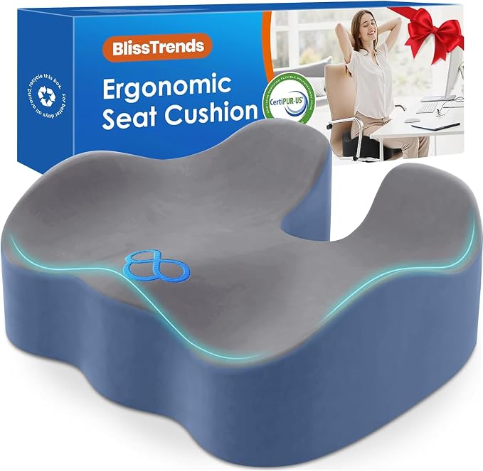 BlissTrends Extra Thick Seat Cushion for Office Chair & Car Seat, Grey&Blue | Tailbone & Sciatica Relief, Ergonomic Support, High-Density Memory Foam, Comfort for Extended Sitting