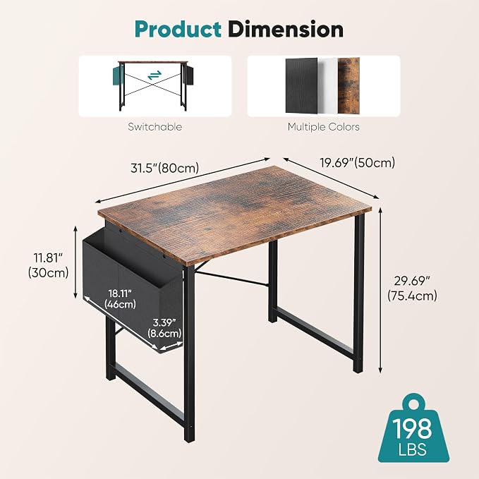OLIXIS Small Computer Desk, 31 Inch Home Office Desks, Writing Study Craft Work Gaming Table, Computer Workstation for Bedroom Small Spaces with Storage Bag and Headphone Hook, Rustic Brown