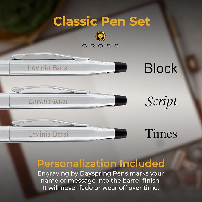 Cross Classic Century Engraved Ballpoint Pen and Pencil Set, Chrome, Slim Twist Action, Personalized Gift for Graduation, New Job, Retirement, Career Advancement, Cross Gift Box Included