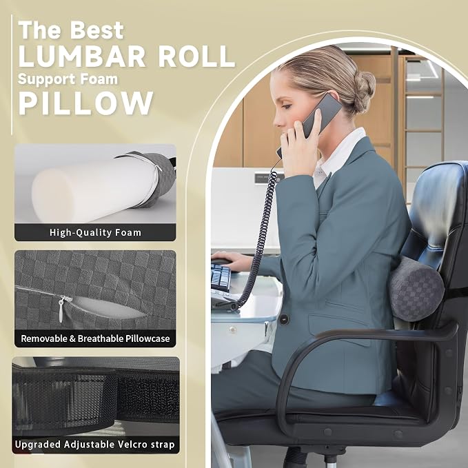 Coeyese Lumbar Roll Pillow for Lower Back Support, Light Grey, 15*4.3'' | Removable Pillowcase, Upgraded Adjustable Strap, Suitable for Office, Chair, Car, Seat Pain Relief & Improving Posture