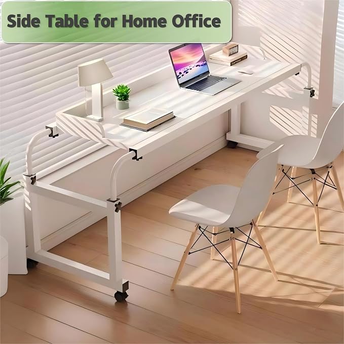Overbed Table with Wheels and Desktop Enclosure, Height and Length Adjustable Over Bed Desk King Queen Bed Table Overbed Laptop Table (White)