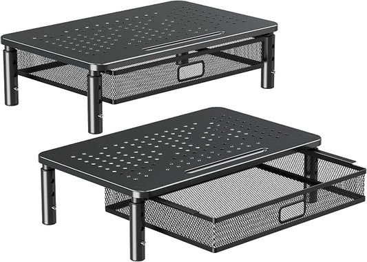 ELIVED 2 Pack Monitor Stand Riser with Metal Drawer, 3 Height Adjustable | with Larger Storage Space for Home and Office Supplies, Metal Desktop Stand for Laptop Computer Printer PC iMac