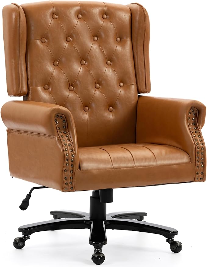 Vintage High Back Wingback Executive Office Chair, Brown | Home Desk Chairs with Tufted Nailhead Trim & PU Faux Leather, Heavy Duty Adjustable Rocking Computer Chair for Gaming