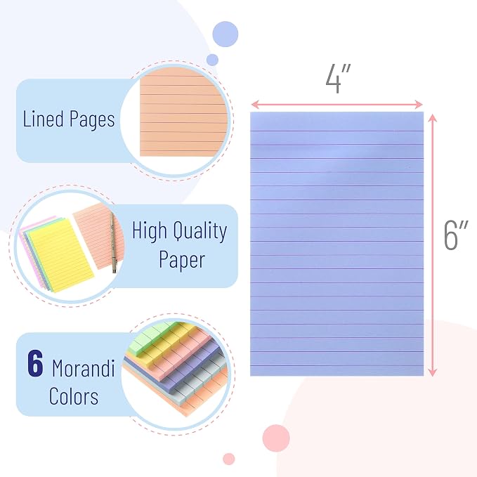 Mr. Pen- Lined Sticky Notes, 4" x 6", 6 Pads, 45 Sheets/Pad, Morandi Color | Sticky Notes with Lines, Ruled Post Stickies, Memo Pads, Self-Stick Note Pad for Office, School, Home, Study