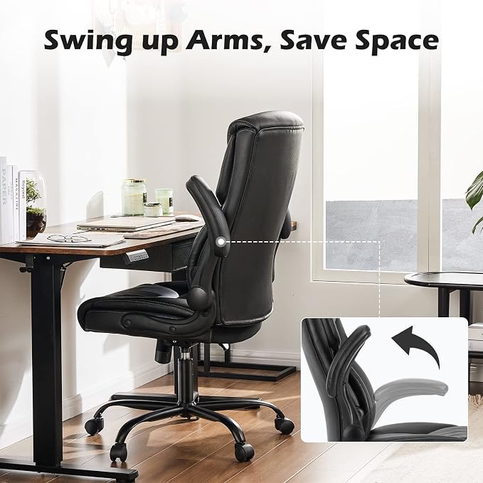 DUMOS PU Leather Office Chair - Ergonomic Executive Computer Desk Chairs with Adjustable Flip-up Armrest, Swivel Task Chair with Lumbar Support, Strong Metal Base,Inky
