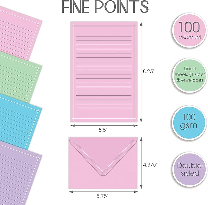 Better Office Products Mini Stationery Set, 100 Piece Set (50 Lined Sheets + 50 Matching Envelopes), 4 Solid Colors, Thin White Border, 5.5 x 8.25 inch, Double Sided Printing, One Side Lined Paper,