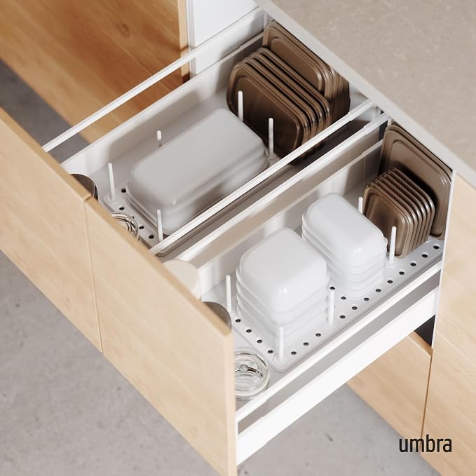 Peggy Kitchen Drawer Cupboard Organizer Tray - Adjustable Storage System For Food Containers, Cookware, Serveware, Utensils and More, White | Non-slip feet, fits cabinets or shelves, quick assembly, 32 pegs included, impact-resistant plastic