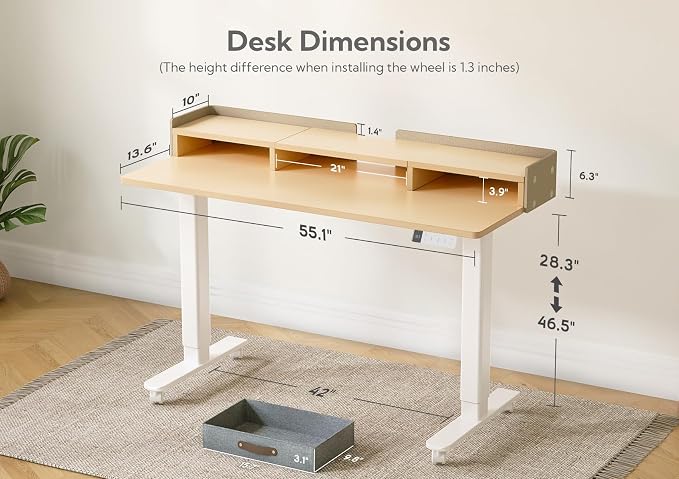 Claiks Standing Desk with Drawers & Wheels, 2 Height Shelf 55" Natural | 2 height adjust shelf, tabletop drawers, felt fence design, sturdy supports 176 lbs, 4 wheels, 2 tire monitor stand