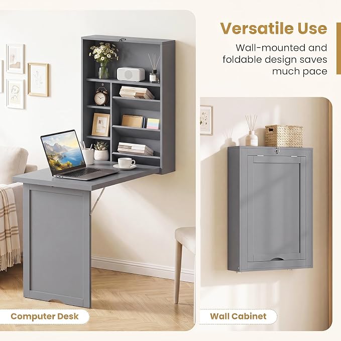 Giantex Wall Mounted Desk, Foldable Convertible Computer Desk with Storage Shelves, Space Saving Fold Out Table, Folding Floating Writing Desk for Small Spaces, Home Office, Bedroom, Apartment (Grey)
