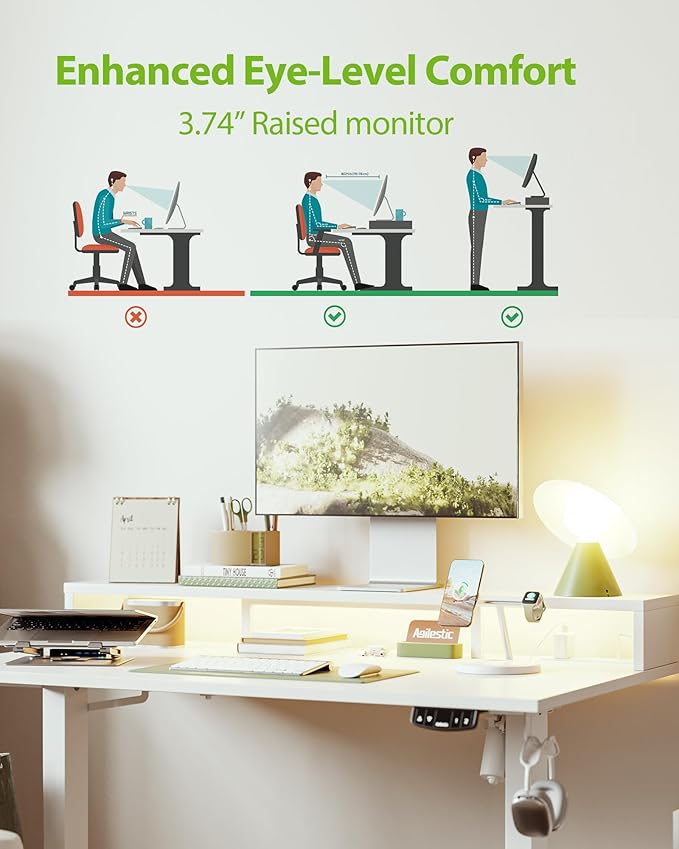 Agilestic 63x24 Inch Electric Standing Desk with Shelf, Height Adjustable with Power Outlets & LED, Sit Stand up Table with Monitor Stand, Computer Workstation, White