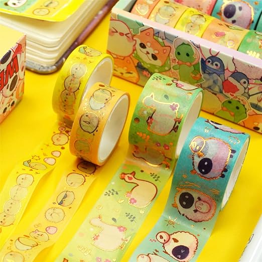Cute Pets Washi Tape Set 13 Rolls Wide Gold Embellishment Decorative Masking Tapes for Arts, DIY Crafts, Journals, Planners, Scrapbook, Wrapping (Animal Kindergarten)