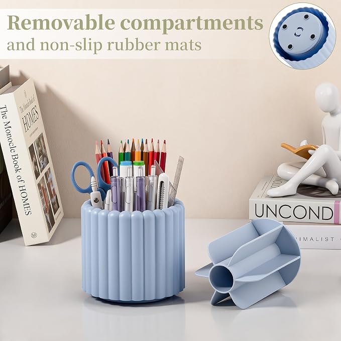 Anyoifax 360° Rotating Pen Holder for Desk Removable Pencil Organizer, Blue | 7 Slots Pen Cup Cute Office Supplies and Accessories Plastic Desktop Storage Box Art Caddy for School, Work, Home