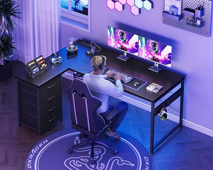 AODK 53" L Shaped Gaming Desk with 4 Drawers and Power Outlets, Black | USB Ports, PC Tower Stand, Hooks, Reversible Corner Layout for Gaming Rooms, Bedrooms and Home Office