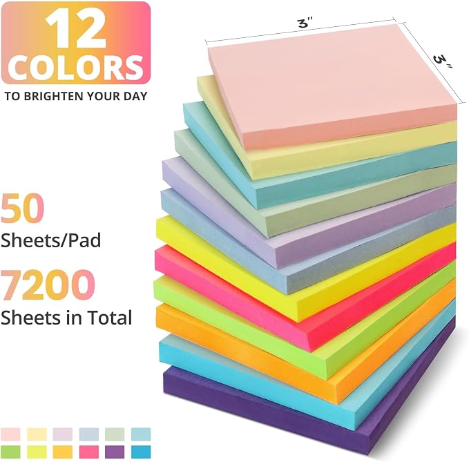 Sticky Notes, 144 Pads, 3x3 Inches Self-Stick Note Pads, Perfect for Office, Study, and Daily Life Organization - Bright
