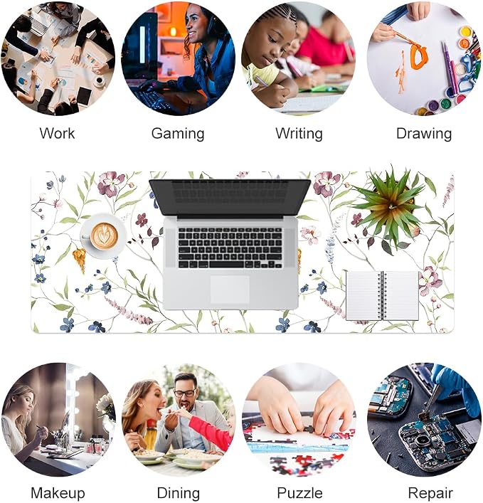 QIYI Floral Mouse Pad, Large Desk Mat for Desktop, Women Girls Watercolor Flowers Office Décor Desk Accessories, PU Leather Waterproof Gaming Mousepad, Wildflowers Desk Pad Computer Mat, 31.5" x 11.8"