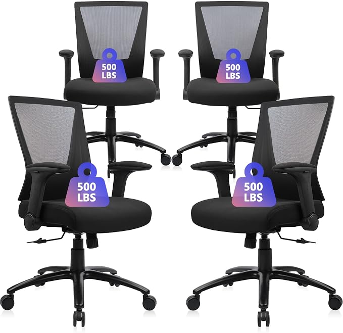 CLATINA 500lbs Big and Tall Office Chair Heavy Duty Ergonomic Mesh Desk Chairs with Wide Thick Seat Cushion and Adjustable Armrests for Home Office Conference Heavy People, Black(4 Pack)