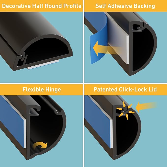 D-Line 157in Cord Hider Kit, Patented Cable Cover, Hide Wires on Wall, Channel for TV Mount Cords, Raceway Wire Hiders, Paintable, Adhesive, Half Round, 10x 0.78in W x 0.39in H x 15.7in L, Black