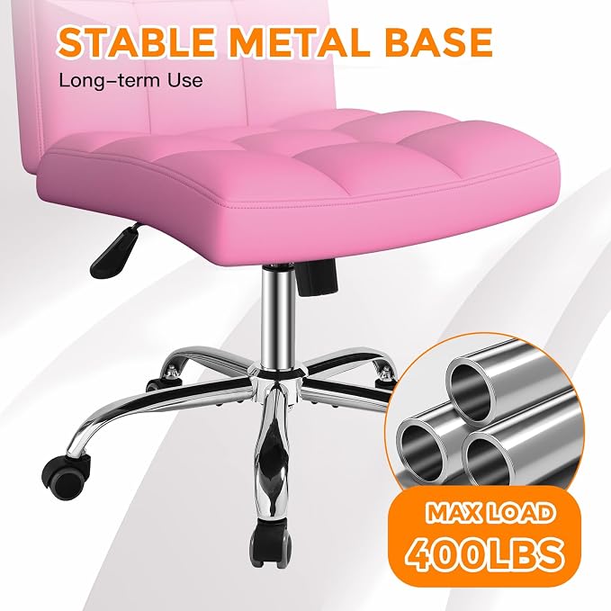 Pink Office Chair with Wheels - 360° Swivel Armless Back Support，Comfortable Pu Adjustable Rolling Desk Chairs for Office，Home，Vanity，Bedroom，Big Space (Widened Pink)