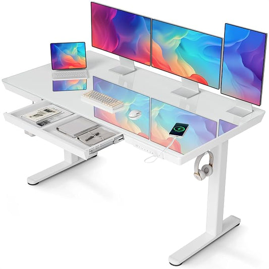 Claiks Glass Standing Desk with Drawers & USB Ports 55x24 Inch, White | 3 Steps Quick Install, 2 Zones Drawer, USB Ports, Ultra White One-Piece Glass Top, Writable Top