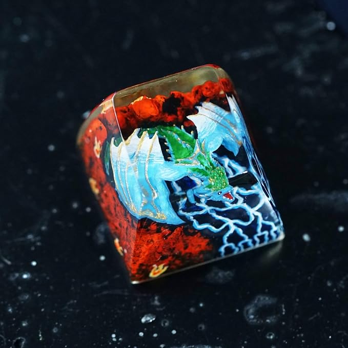 Blue Dragon Artisan Keycap with Volcano - 1U ESC, R1 SA Profile Custom Handmade Resin Cherry MX Switch Key Cap Mechanical Keyboard, Cool Tech Gifts for Men, Dad, Father, Gamer, Space Lover